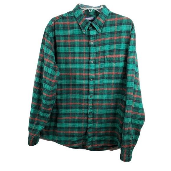 Lands' End Green Plaid Flannel Shirt Sz L Button Down Cotton Mens - Picture 1 of 7